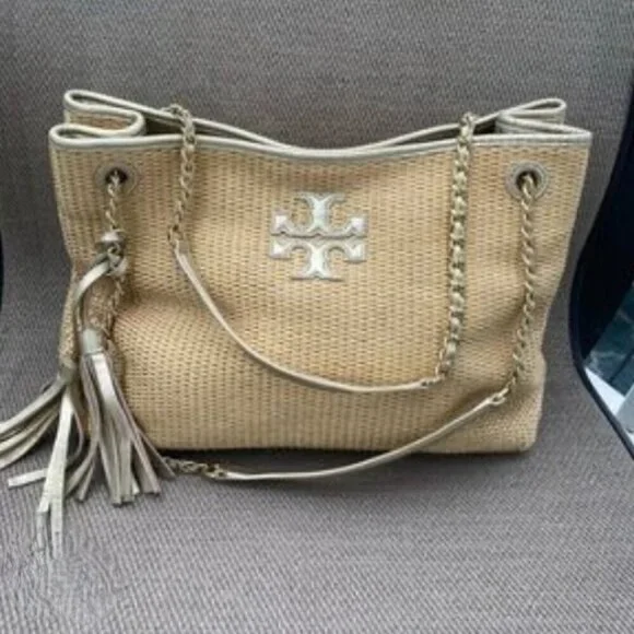 Tory Burch Woven Shoulder Bag Purse Tote Gold Accents Tassels Natural - Picture 13 of 14